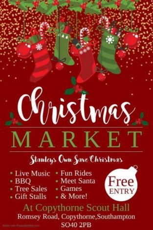 Christmas Market
Stanleys Own Save Christmas
Live Music - Fun rides - BBQ - Meet Santa - Tree Sales - Games - Gift stalls - And More.
Free Entry
At Copythorne Scout Hall, Romsey Road, Copythorne, Southampton, SO40 2PB