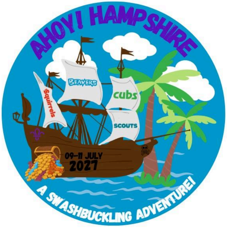 The event badge of Ahoy! depicting a pirate ship with furled sails with the logos of Squirrels, Beavers, Cubs and Scouts on each sail representing the sections attending the event.
